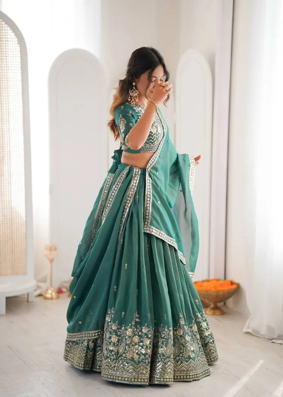 Heavy Shimmer Silk Embroidered Lehenga Set for Wedding and Festive Wear