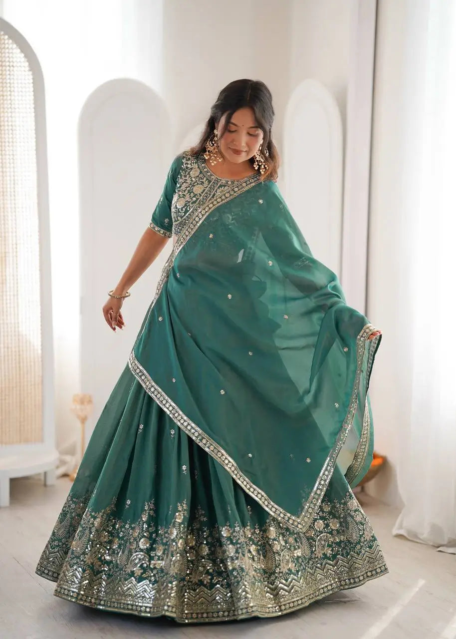 Heavy Shimmer Silk Embroidered Lehenga Set for Wedding and Festive Wear