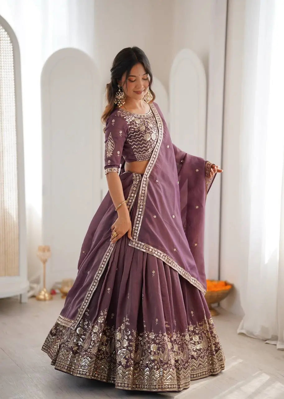 Heavy Shimmer Silk Embroidered Lehenga Set for Wedding and Festive Wear