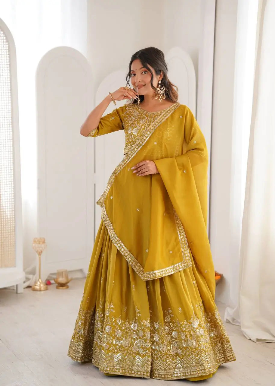 Heavy Shimmer Silk Embroidered Lehenga Set for Wedding and Festive Wear