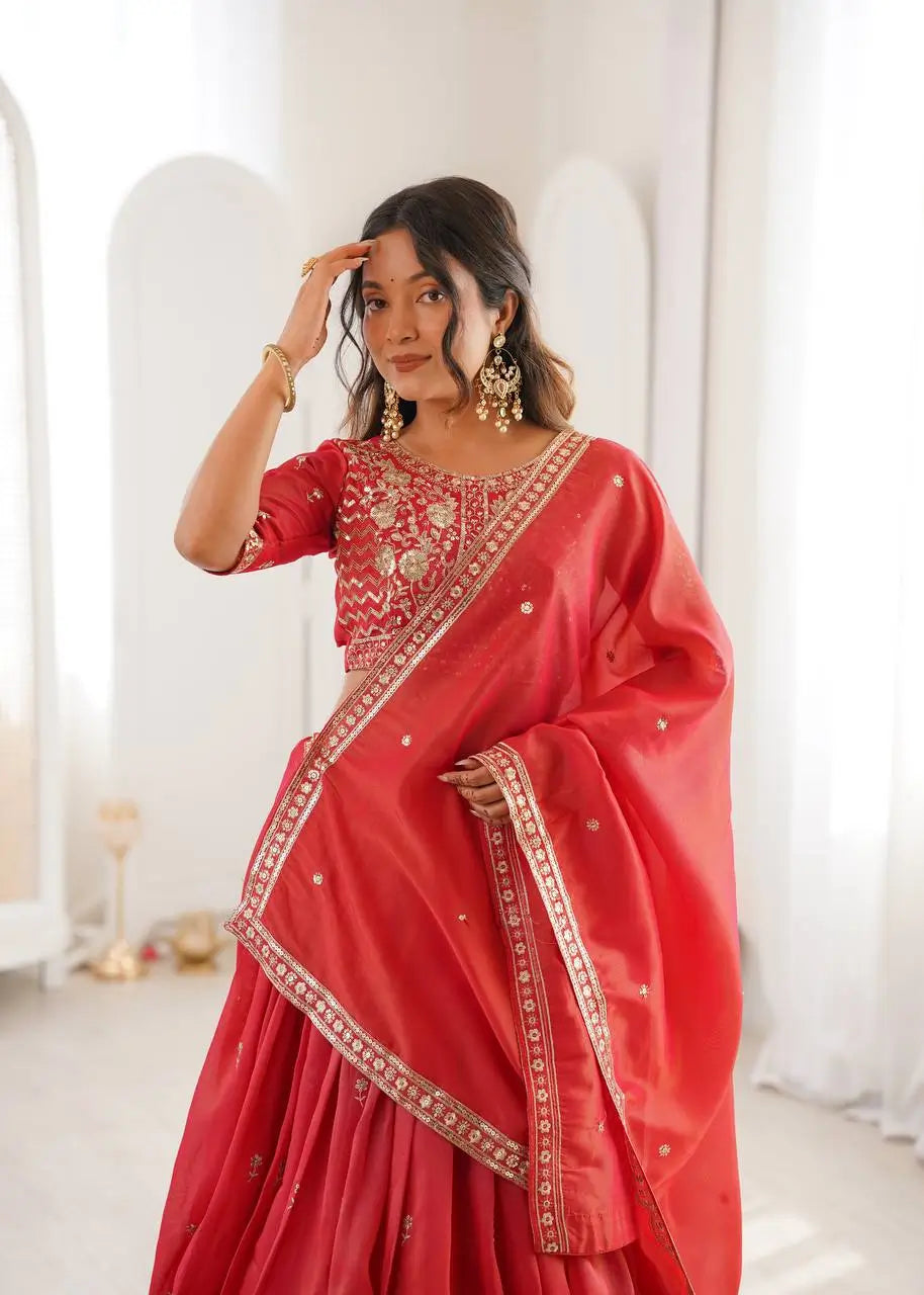 Heavy Shimmer Silk Embroidered Lehenga Set for Wedding and Festive Wear