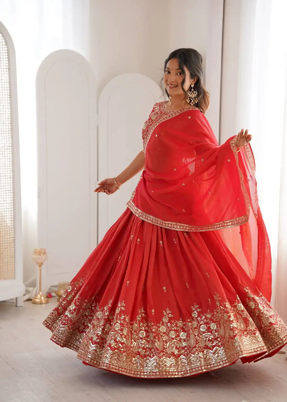 Heavy Shimmer Silk Embroidered Lehenga Set for Wedding and Festive Wear