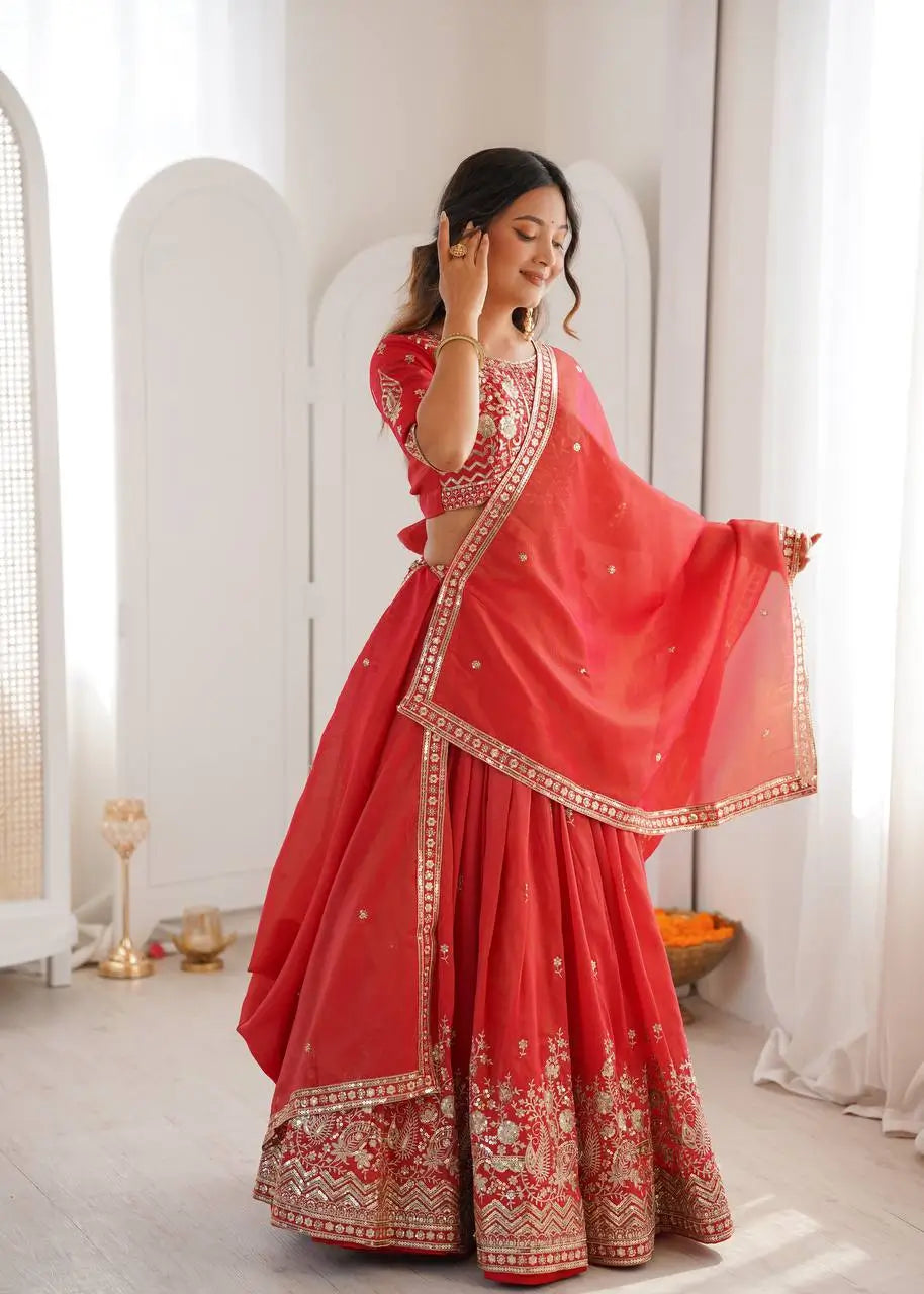 Heavy Shimmer Silk Embroidered Lehenga Set for Wedding and Festive Wear
