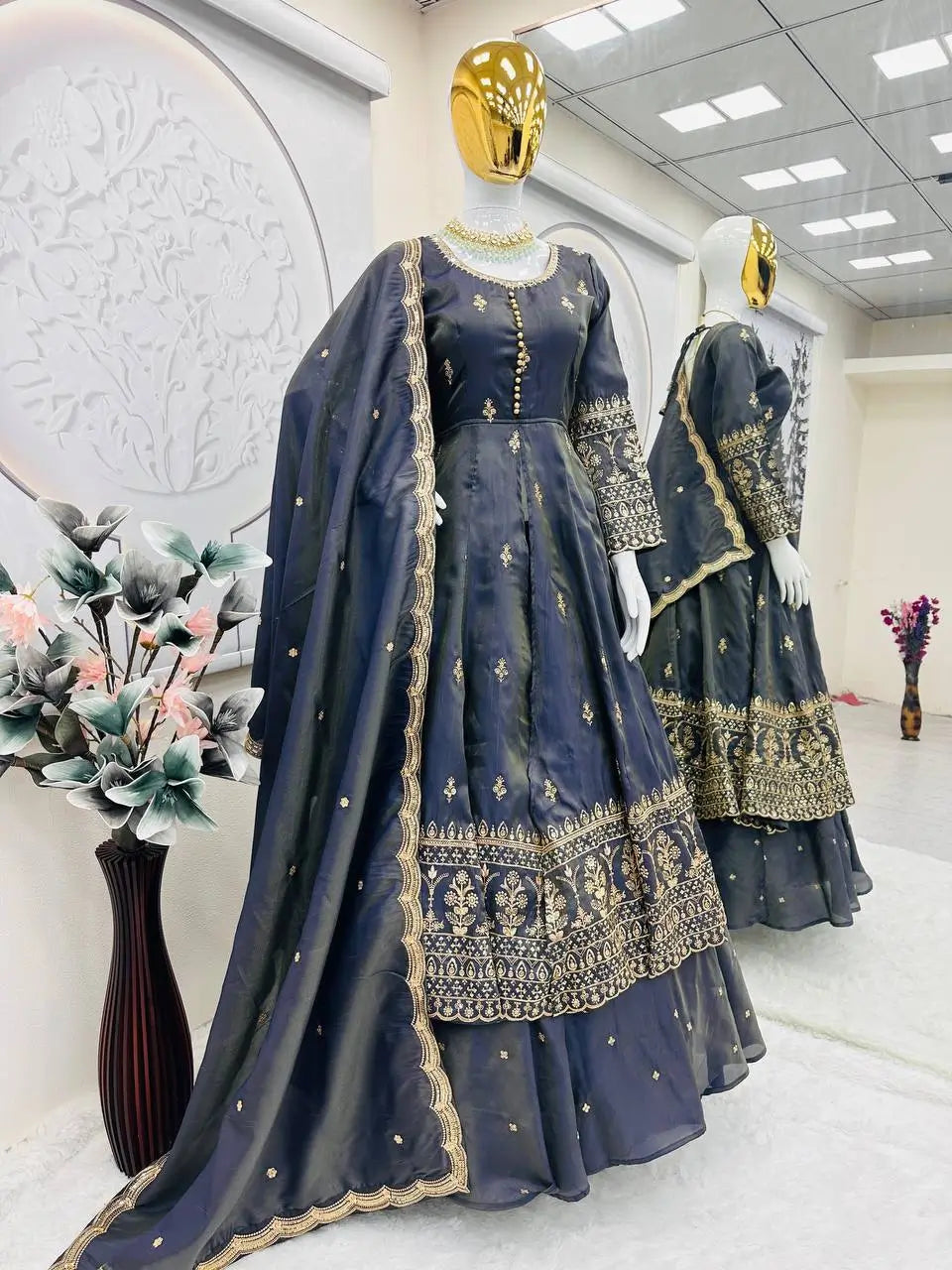 Heavy Shimmer Silk Embroidered Suit with Lehenga & Dupatta – Wedding & Partywear