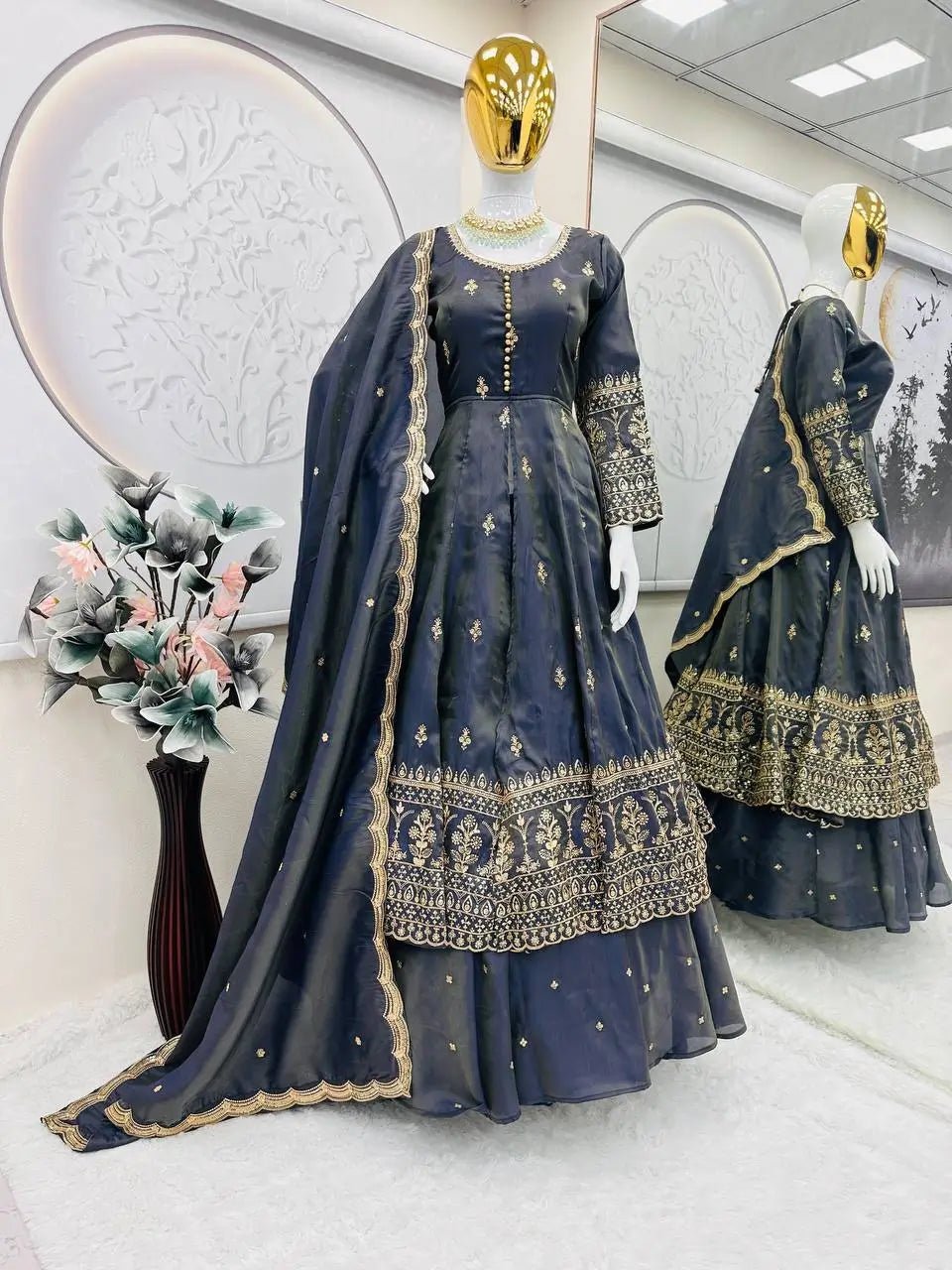 Heavy Shimmer Silk Embroidered Suit with Lehenga & Dupatta – Wedding & Partywear