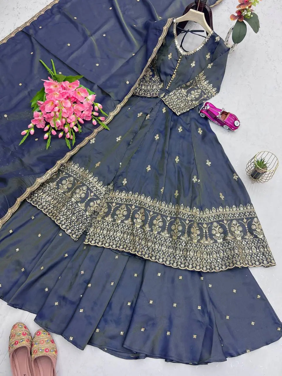 Heavy Shimmer Silk Embroidered Suit with Lehenga & Dupatta – Wedding & Partywear
