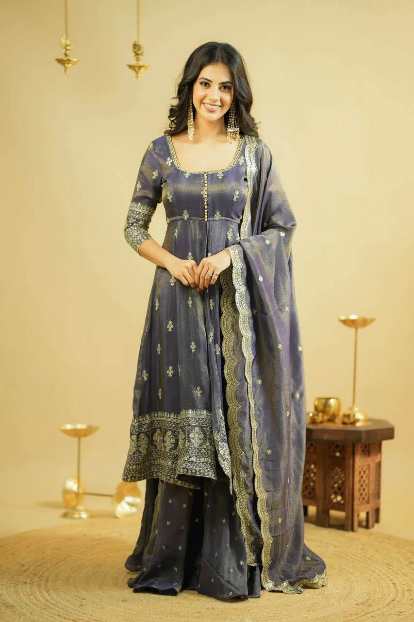 Heavy Shimmer Silk Embroidered Suit with Lehenga & Dupatta – Wedding & Partywear