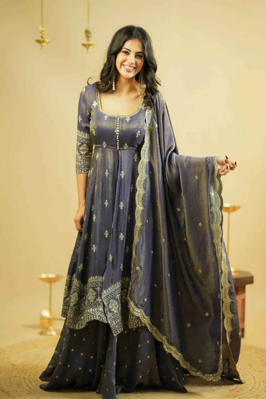 Heavy Shimmer Silk Embroidered Suit with Lehenga & Dupatta – Wedding & Partywear
