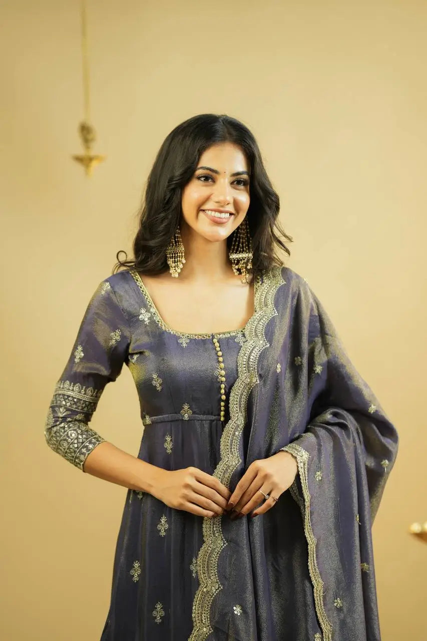 Heavy Shimmer Silk Embroidered Suit with Lehenga & Dupatta – Wedding & Partywear