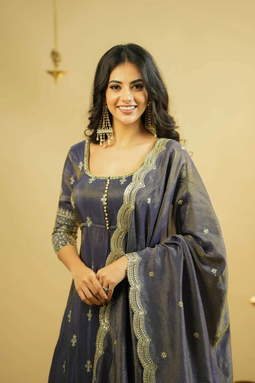 Heavy Shimmer Silk Embroidered Suit with Lehenga & Dupatta – Wedding & Partywear