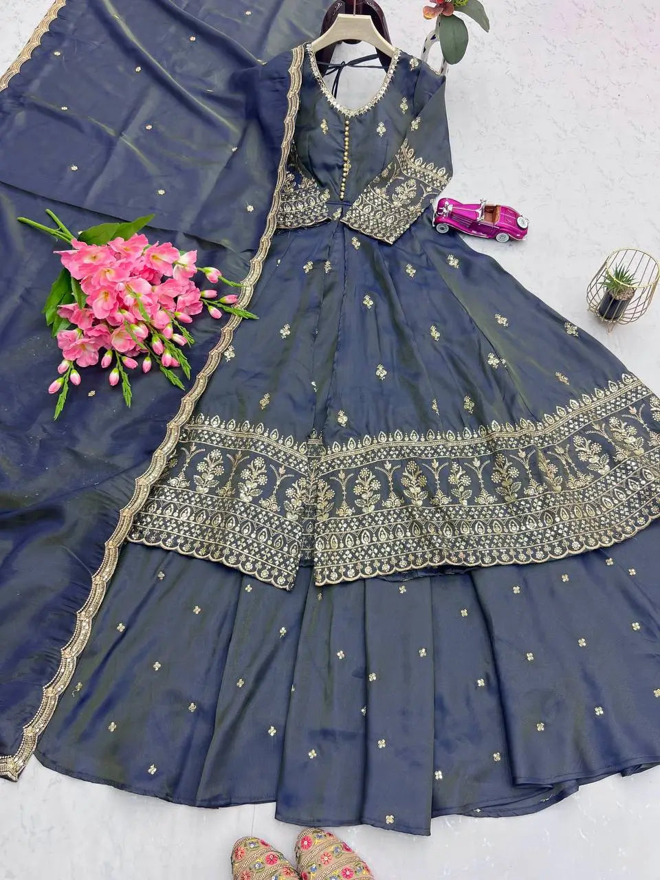 Heavy Shimmer Silk Embroidered Suit with Lehenga & Dupatta – Wedding & Partywear