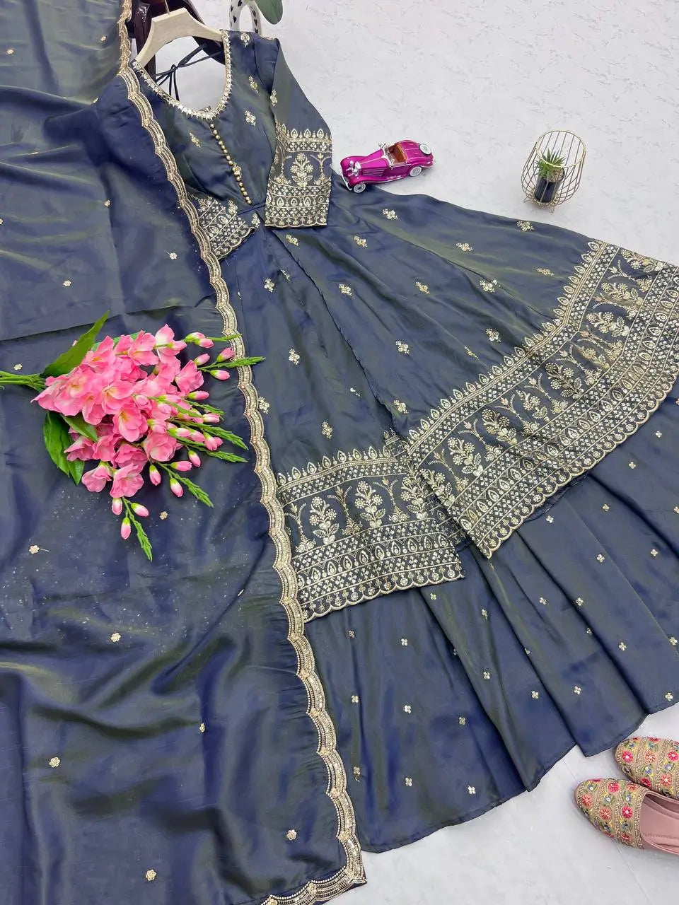 Heavy Shimmer Silk Embroidered Suit with Lehenga & Dupatta – Wedding & Partywear