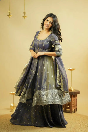 Heavy Shimmer Silk Embroidered Suit with Lehenga & Dupatta – Wedding & Partywear