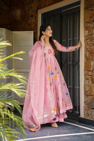 Heavy Star Georgette Embroidered Gown with Sharara & Dupatta – Designer Partywear
