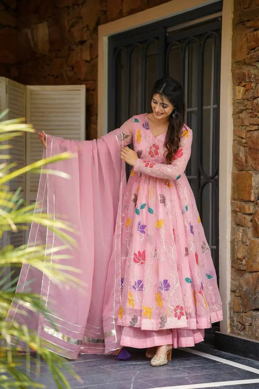 Heavy Star Georgette Embroidered Gown with Sharara & Dupatta – Designer Partywear