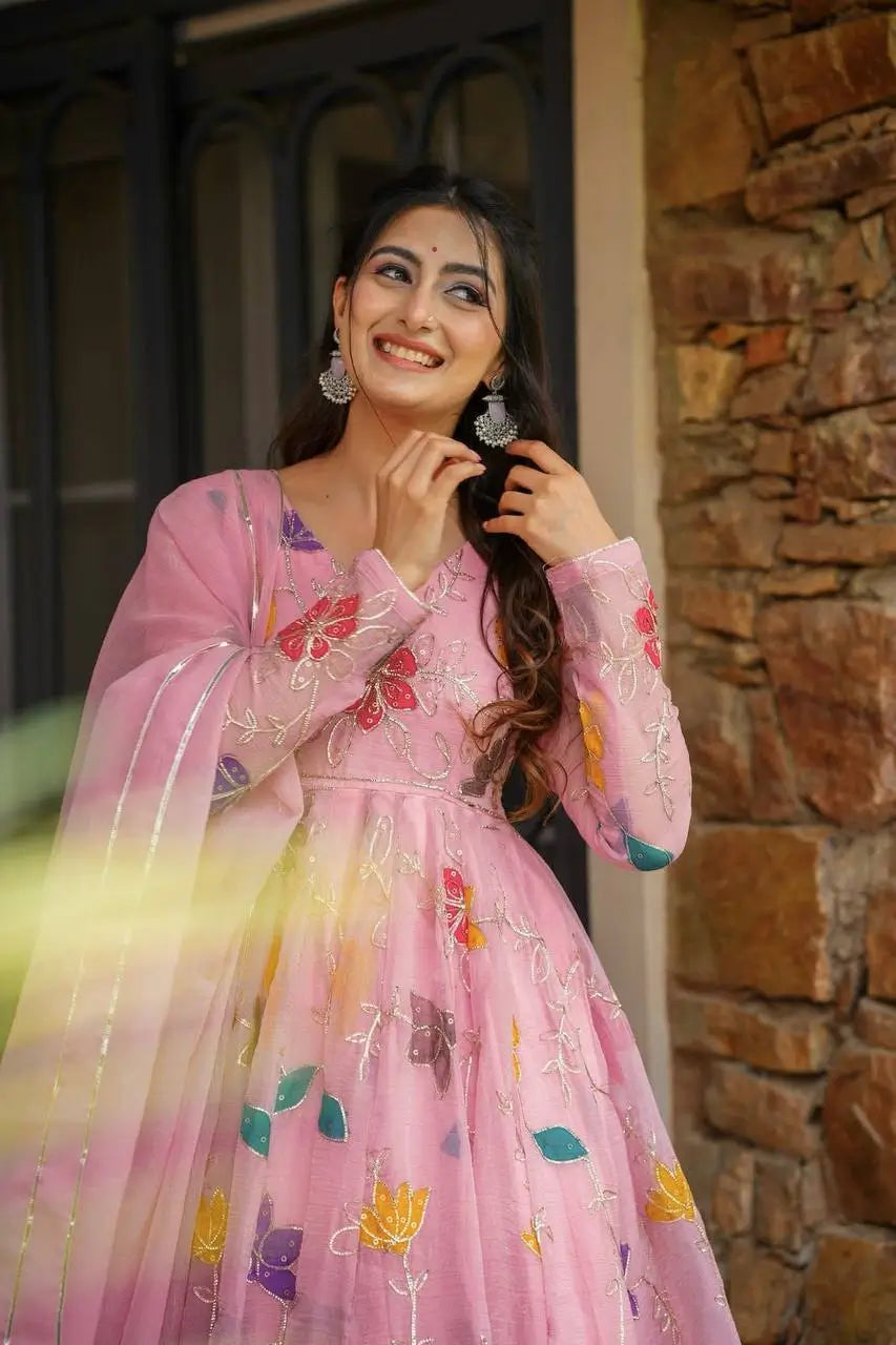 Heavy Star Georgette Embroidered Gown with Sharara & Dupatta – Designer Partywear