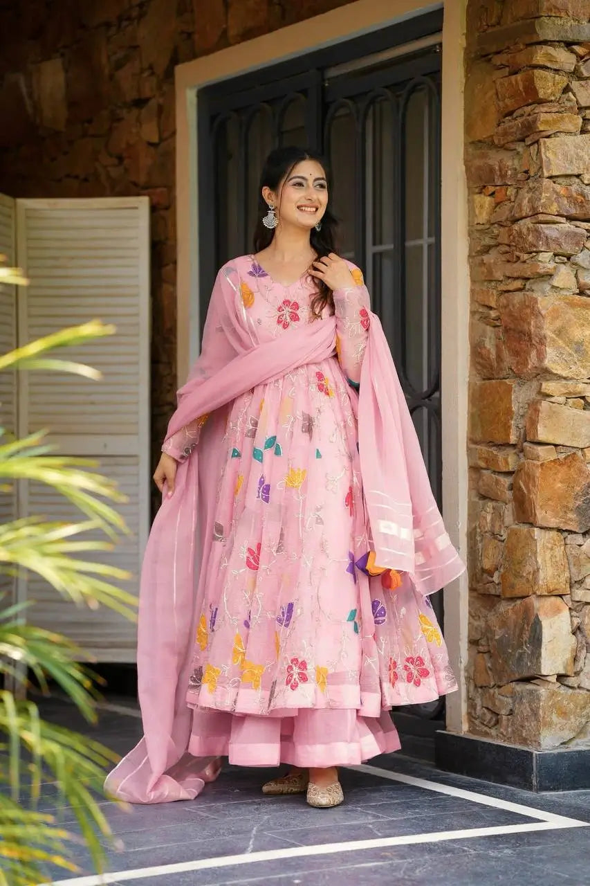 Heavy Star Georgette Embroidered Gown with Sharara & Dupatta – Designer Partywear