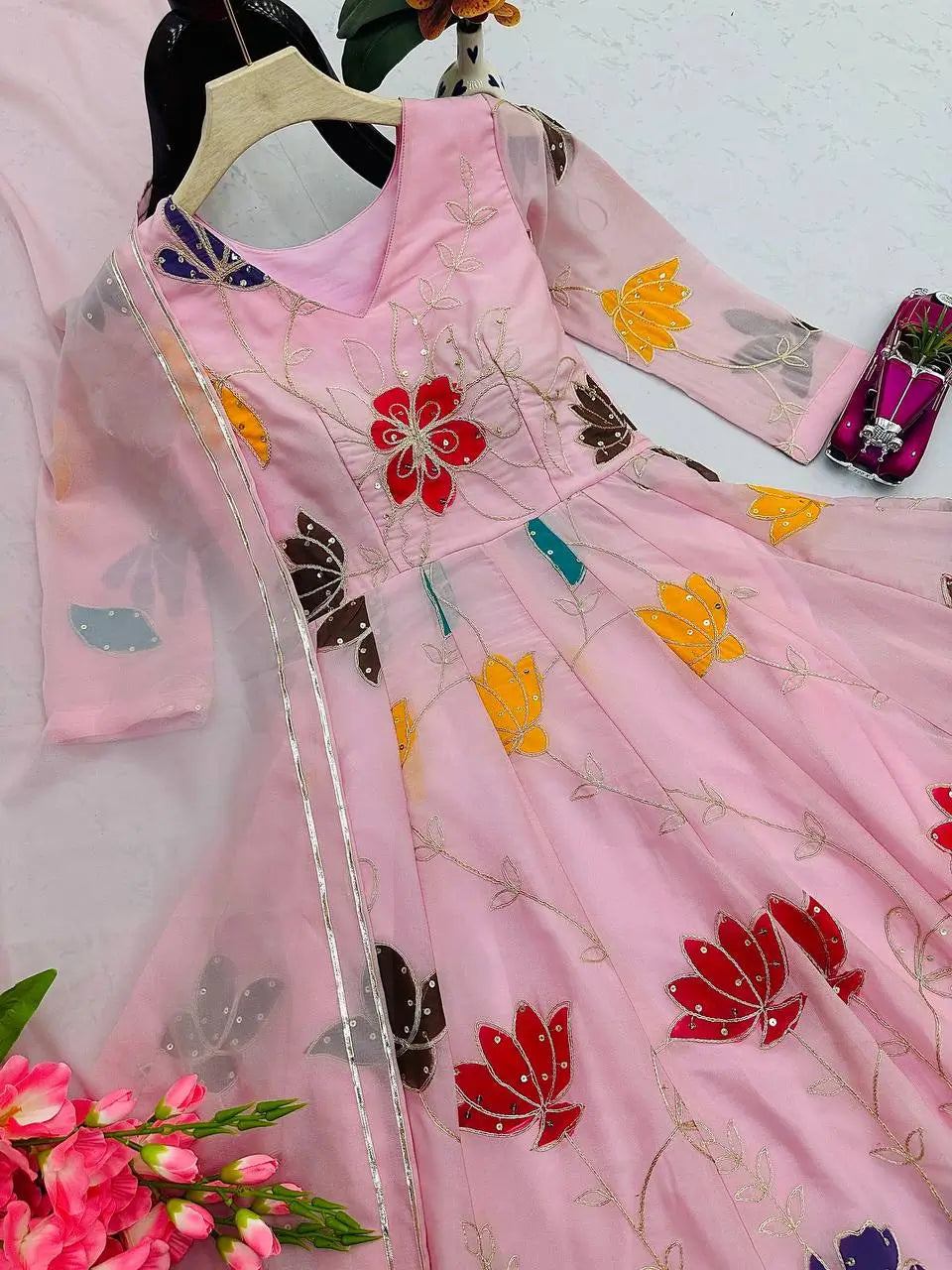 Heavy Star Georgette Embroidered Gown with Sharara & Dupatta – Designer Partywear