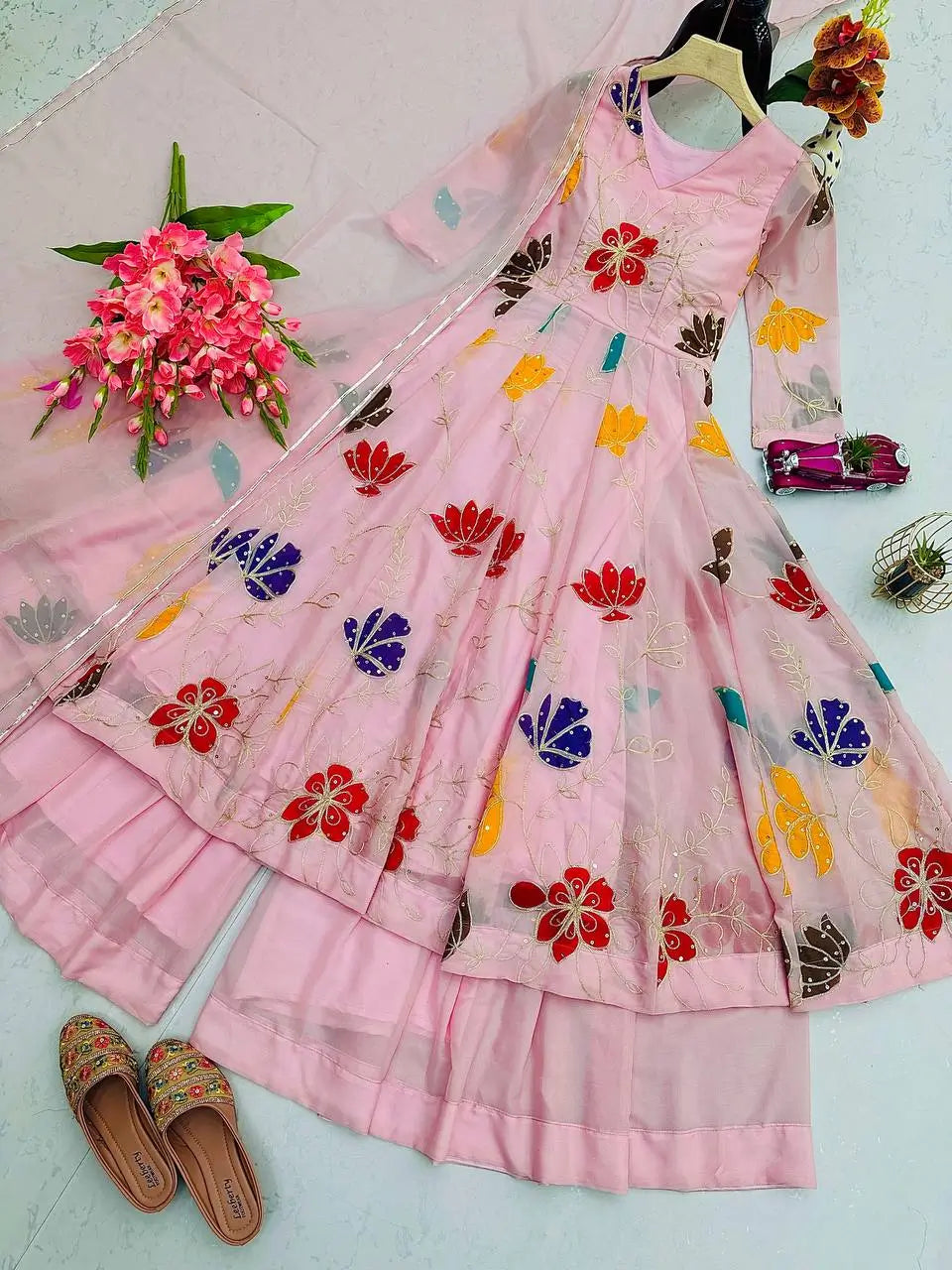 Heavy Star Georgette Embroidered Gown with Sharara & Dupatta – Designer Partywear