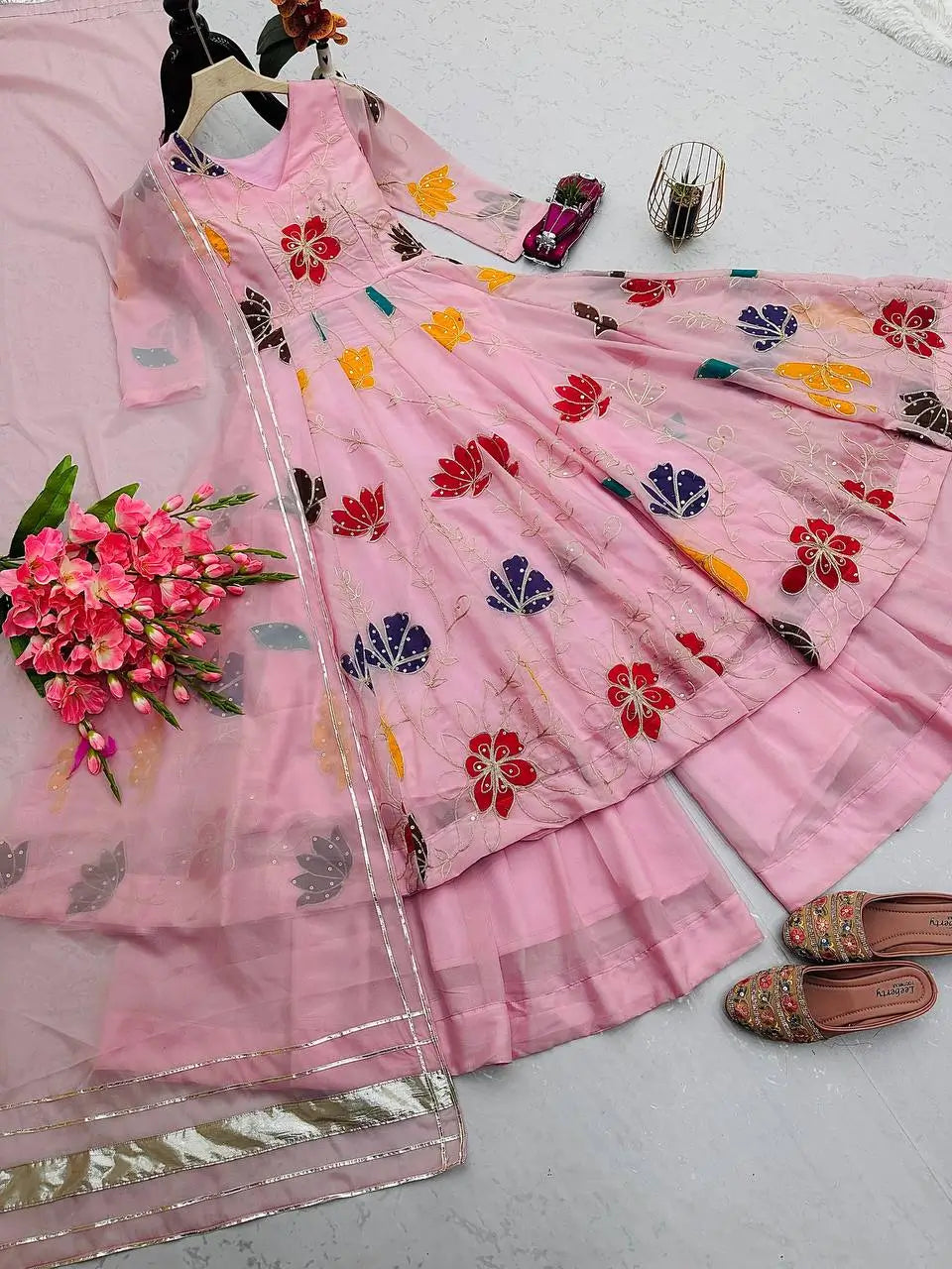 Heavy Star Georgette Embroidered Gown with Sharara & Dupatta – Designer Partywear