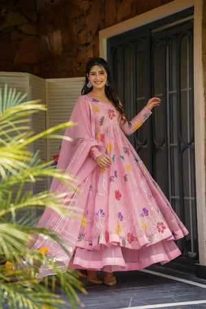 Heavy Star Georgette Embroidered Gown with Sharara & Dupatta – Designer Partywear