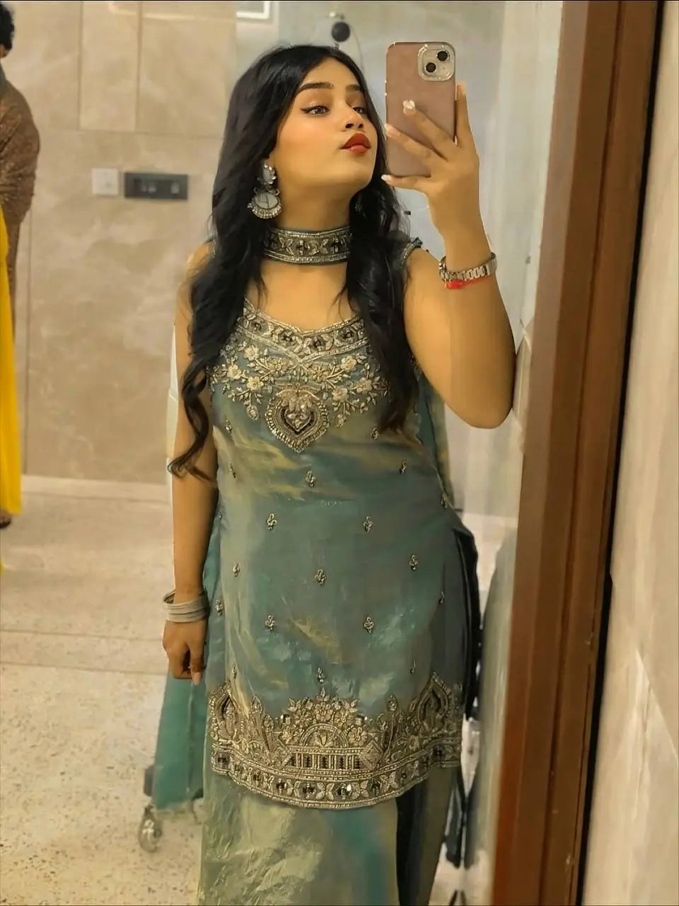 Heavy Two Tone Fandy Silk Embroidered Sharara Set