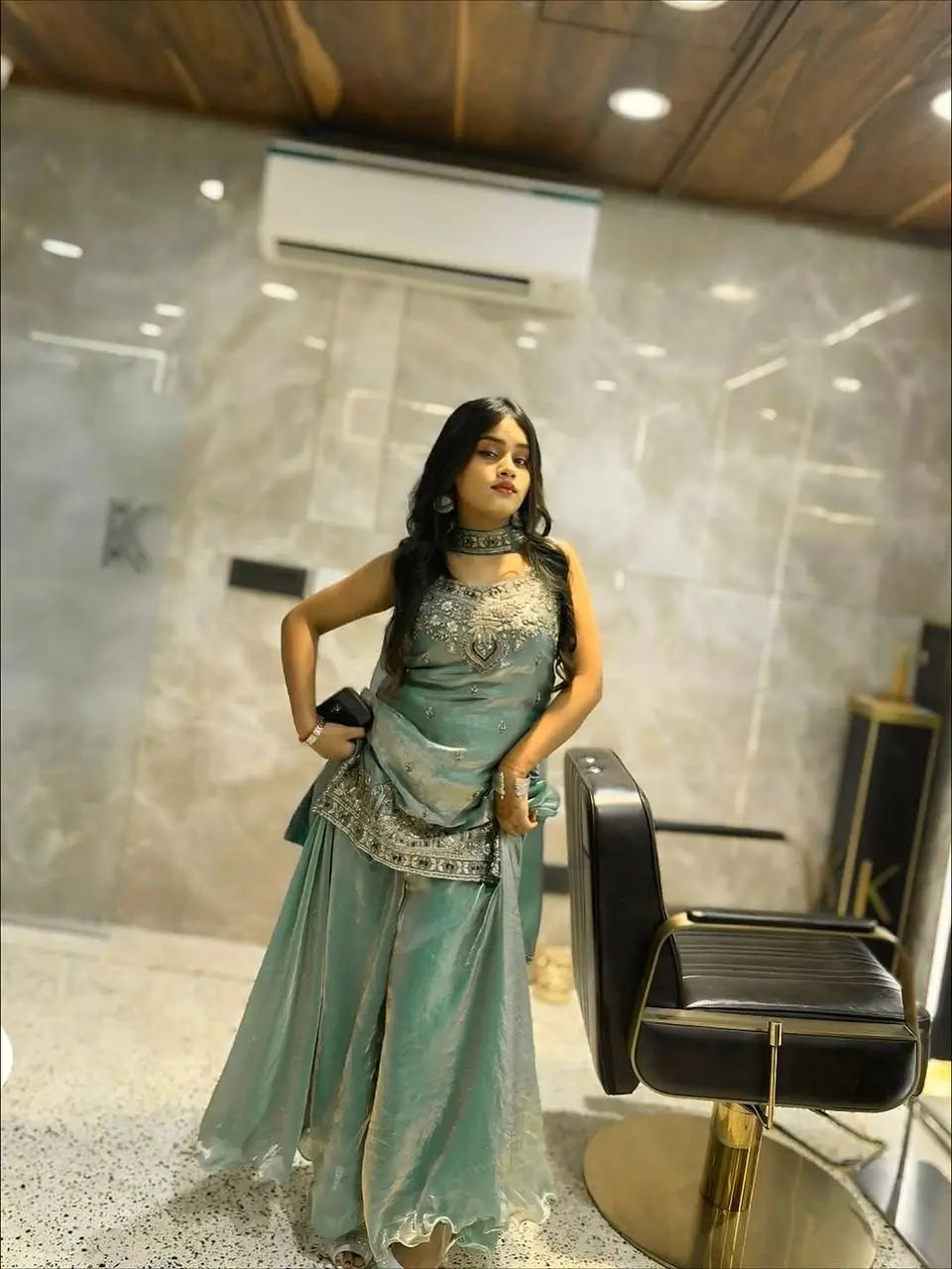 Heavy Two Tone Fandy Silk Embroidered Sharara Set