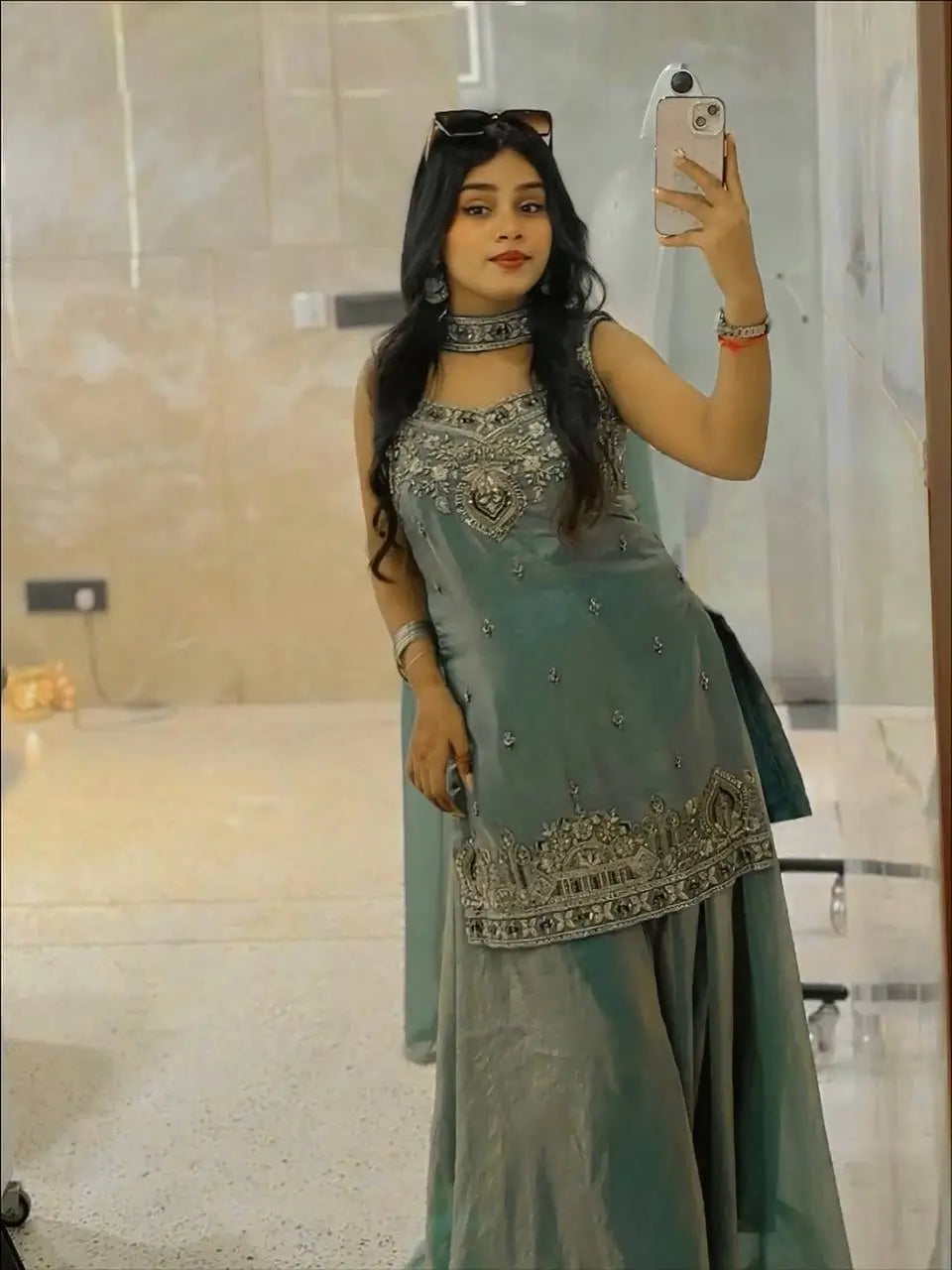 Heavy Two Tone Fandy Silk Embroidered Sharara Set