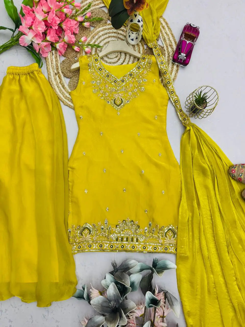 Heavy Two Tone Fandy Silk Embroidered Sharara Set