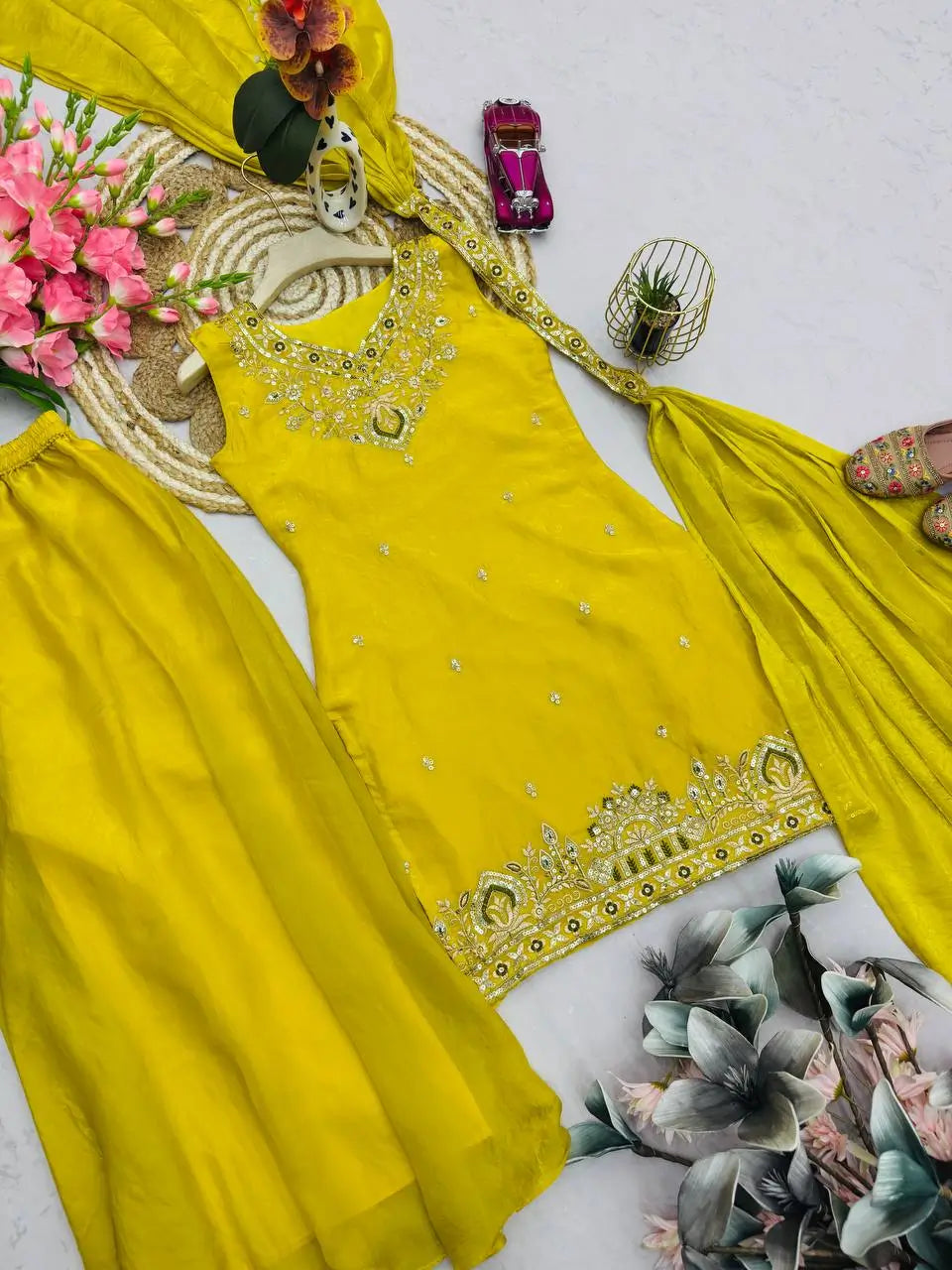 Heavy Two Tone Fandy Silk Embroidered Sharara Set
