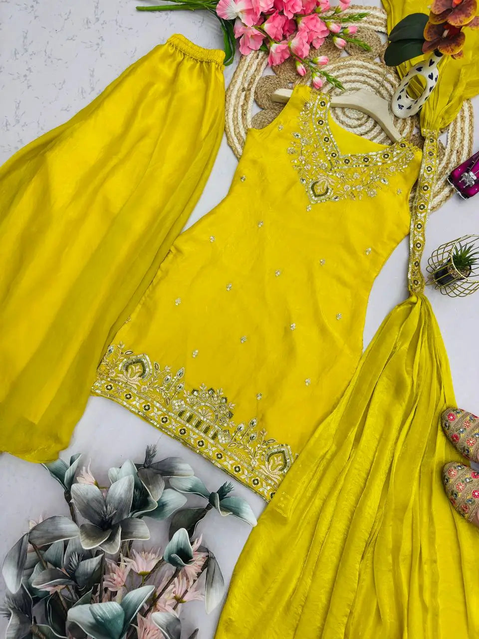 Heavy Two Tone Fandy Silk Embroidered Sharara Set