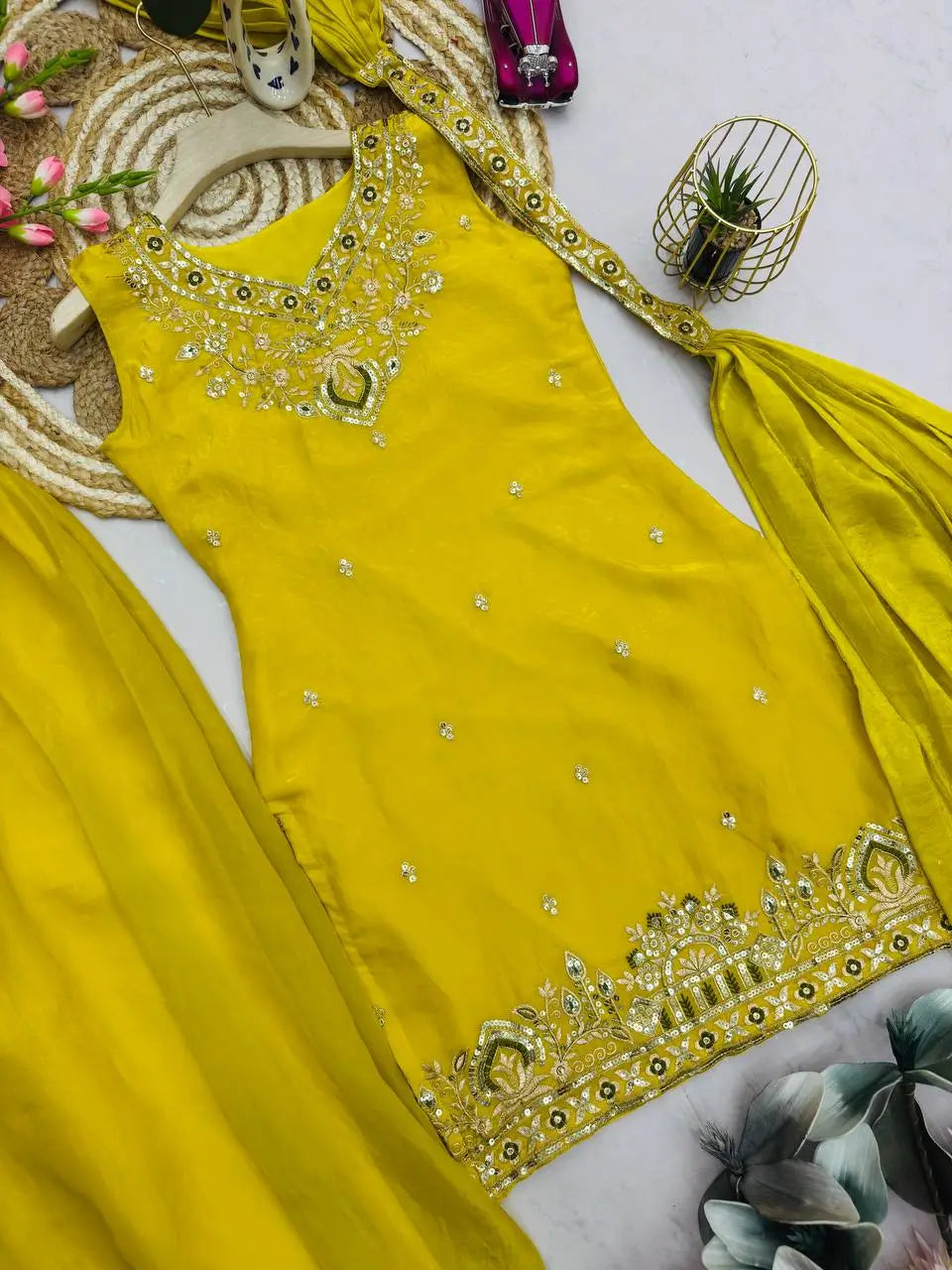 Heavy Two Tone Fandy Silk Embroidered Sharara Set
