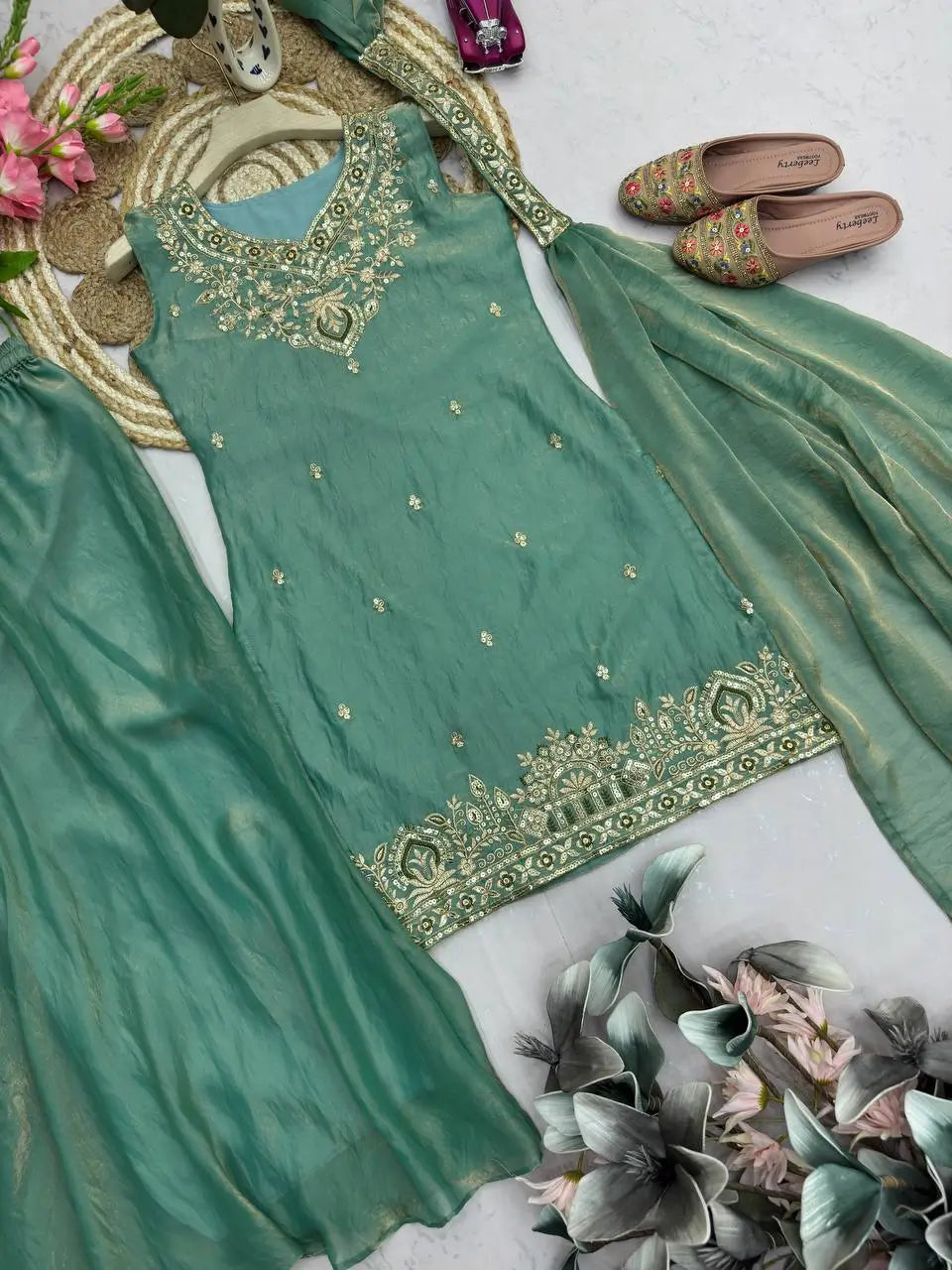Heavy Two Tone Fandy Silk Embroidered Sharara Set