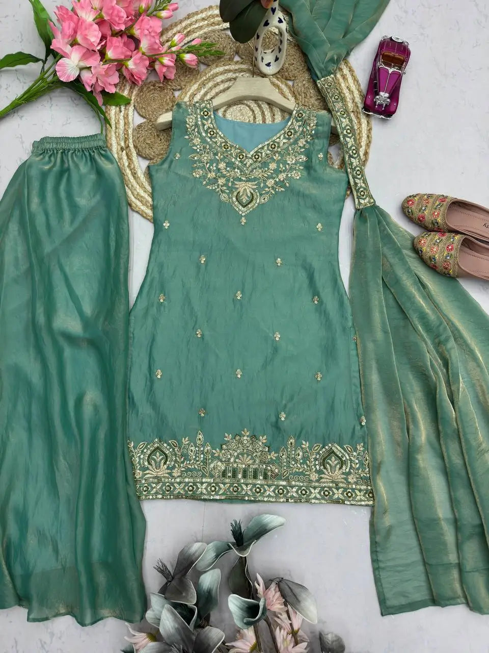 Heavy Two Tone Fandy Silk Embroidered Sharara Set