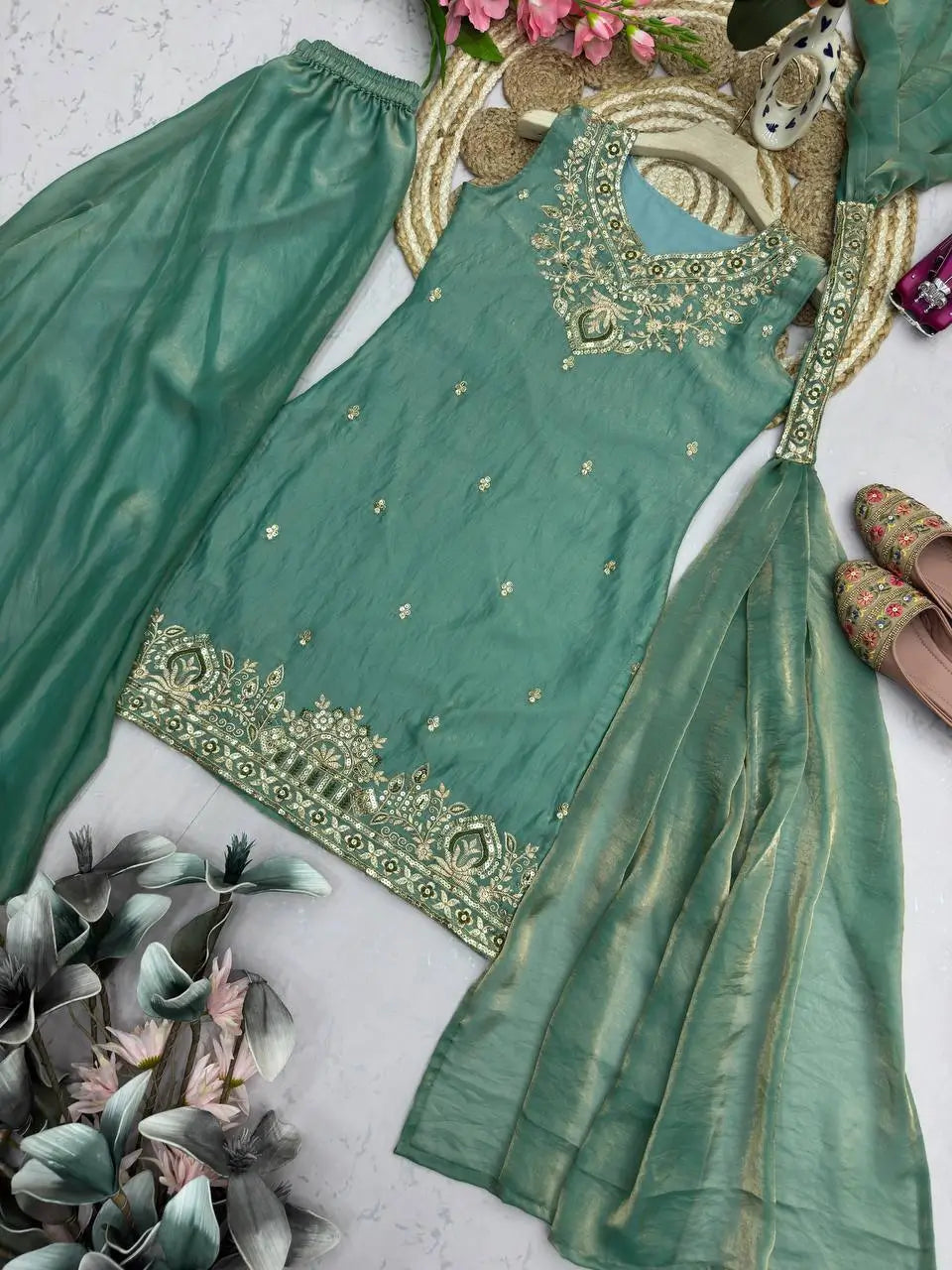 Heavy Two Tone Fandy Silk Embroidered Sharara Set