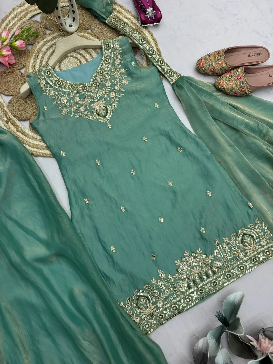 Heavy Two Tone Fandy Silk Embroidered Sharara Set