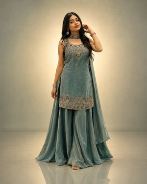 Heavy Two Tone Fandy Silk Embroidered Sharara Set