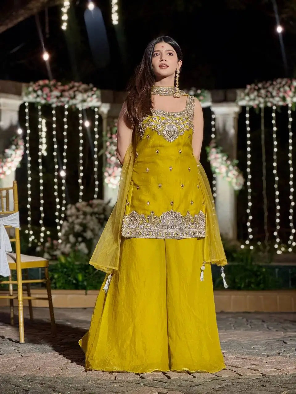 Heavy Two Tone Fandy Silk Embroidered Sharara Set
