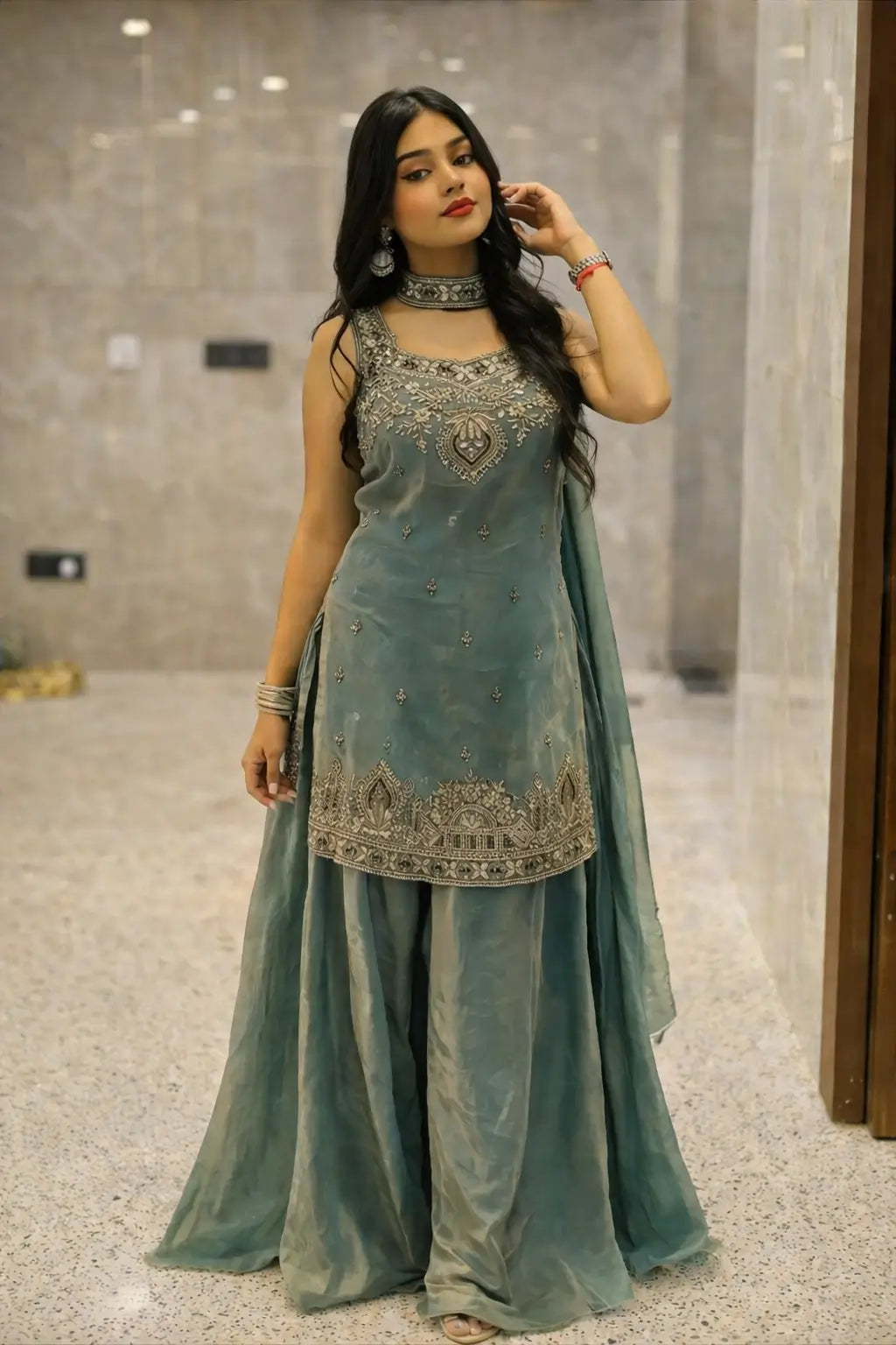 Heavy Two Tone Fandy Silk Embroidered Sharara Set