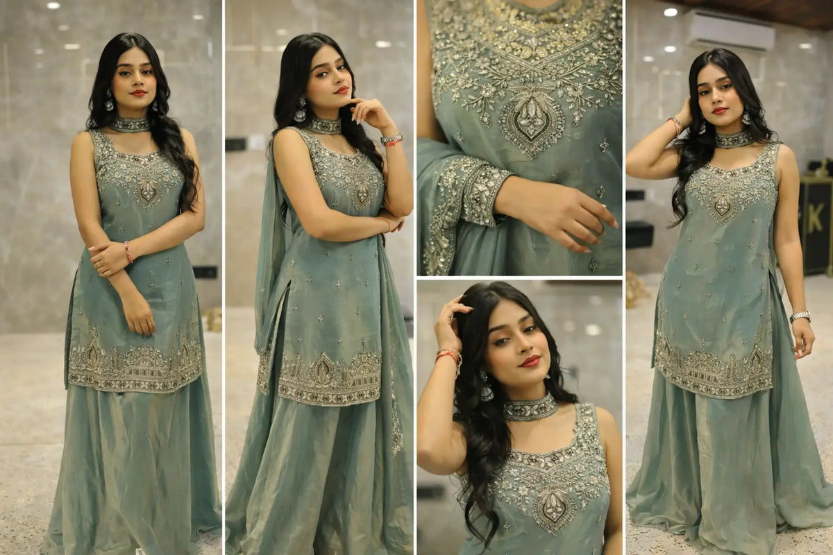 Heavy Two Tone Fandy Silk Embroidered Sharara Set
