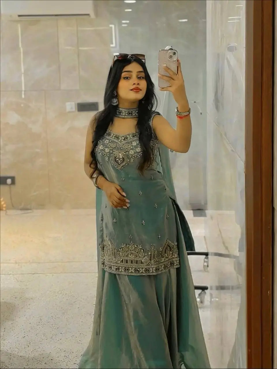 Heavy Two Tone Fandy Silk Embroidered Sharara Set