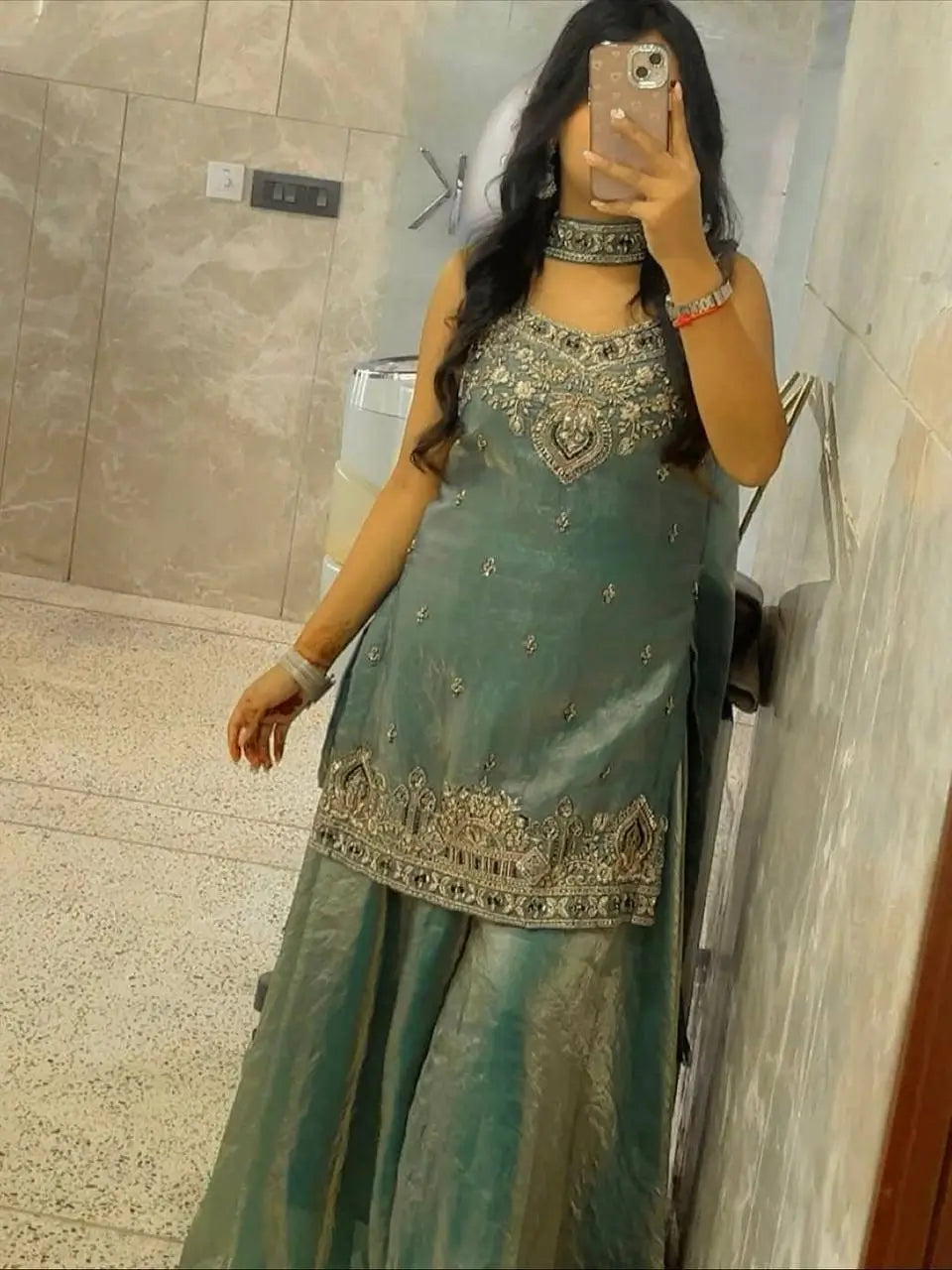Heavy Two Tone Fandy Silk Embroidered Sharara Set