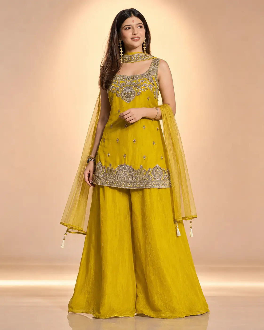 Heavy Two Tone Fandy Silk Embroidered Sharara Set