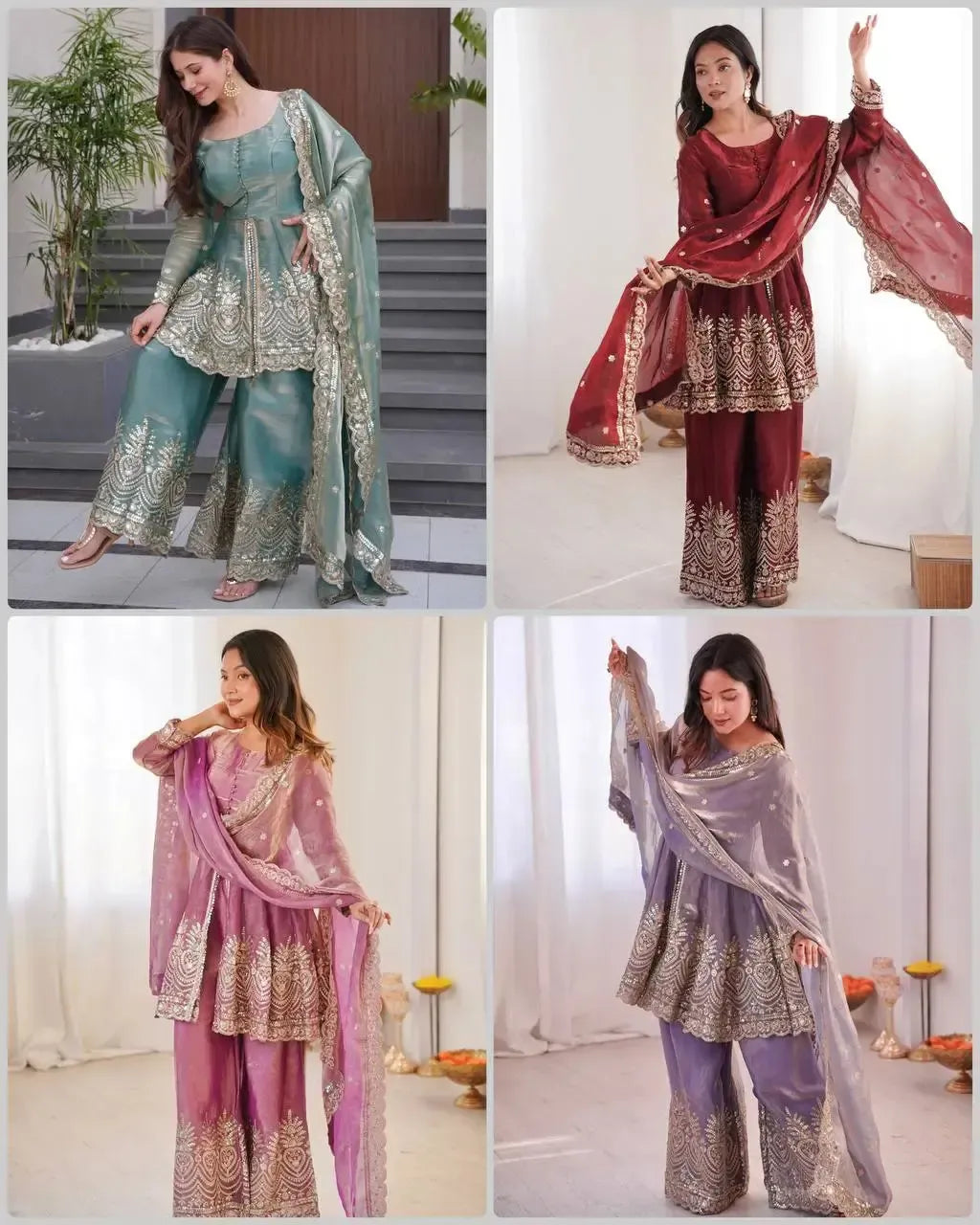 Heavy Two Tone Fendy Satin Silk Embroidered Gown with Sharara & Dupatta – Designer Ethnic Wear