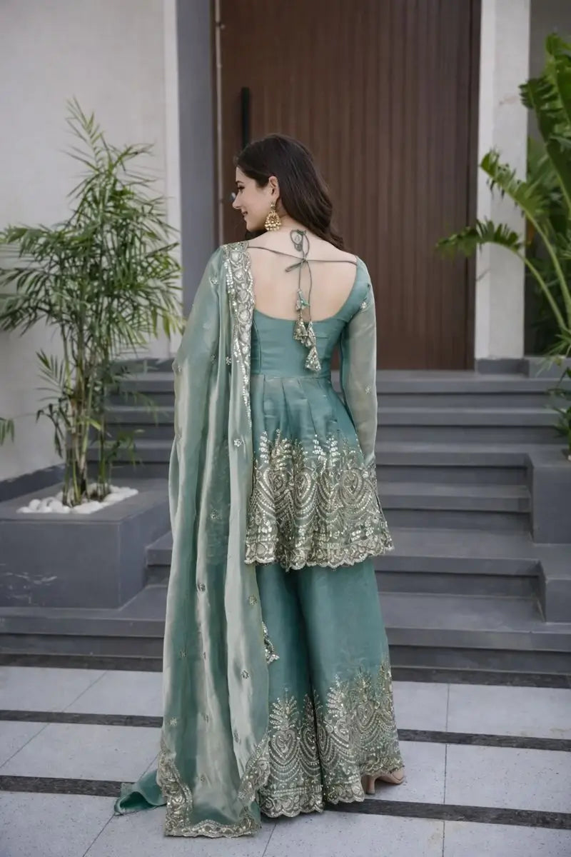 Heavy Two Tone Fendy Satin Silk Embroidered Gown with Sharara & Dupatta – Designer Ethnic Wear