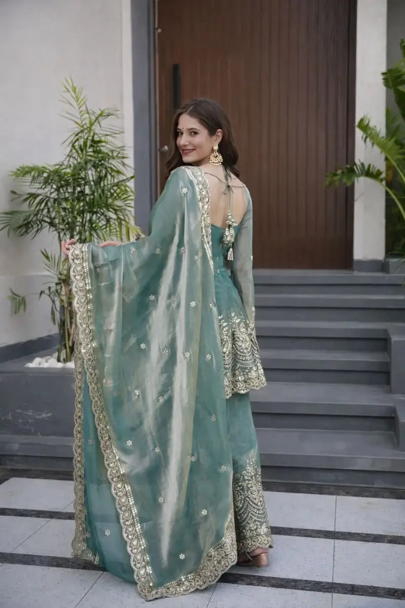Heavy Two Tone Fendy Satin Silk Embroidered Gown with Sharara & Dupatta – Designer Ethnic Wear