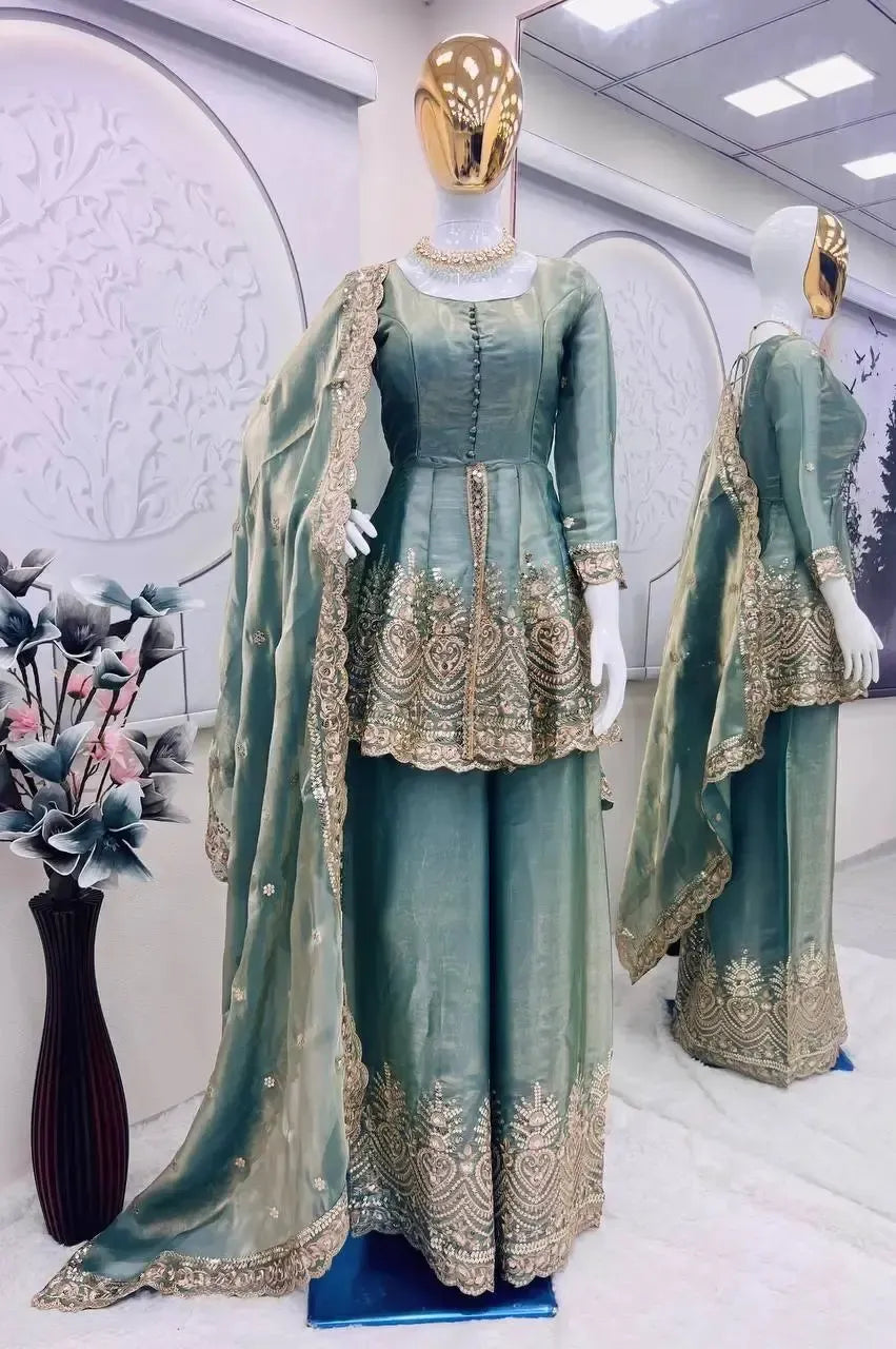 Heavy Two Tone Fendy Satin Silk Embroidered Gown with Sharara & Dupatta – Designer Ethnic Wear