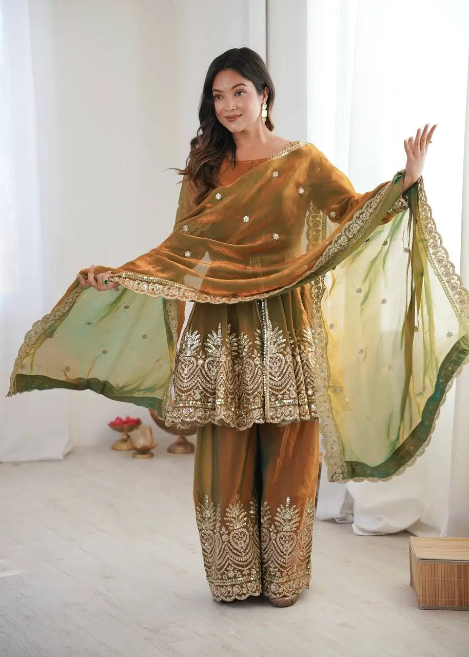 Heavy Two Tone Fendy Satin Silk Embroidered Gown with Sharara & Dupatta – Designer Ethnic Wear