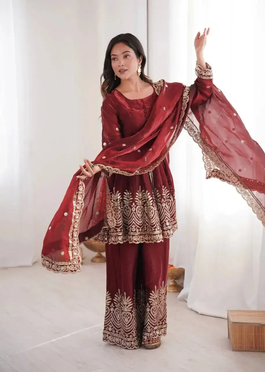 Heavy Two Tone Fendy Satin Silk Embroidered Gown with Sharara & Dupatta – Designer Ethnic Wear