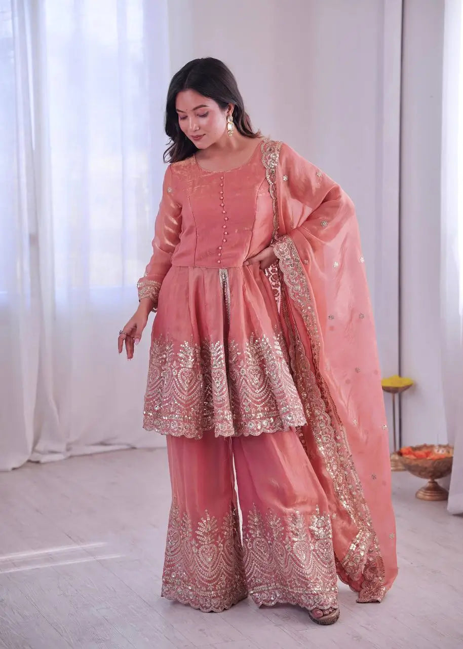 Heavy Two Tone Fendy Satin Silk Embroidered Gown with Sharara & Dupatta – Designer Ethnic Wear